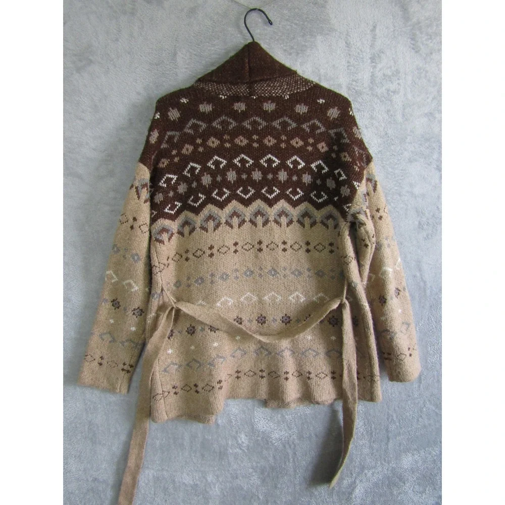 Lucky Brand Womens M Brown Tan Fair Isle Shawl Collar Belted Cardigan Sweater - Picture 7 of 9